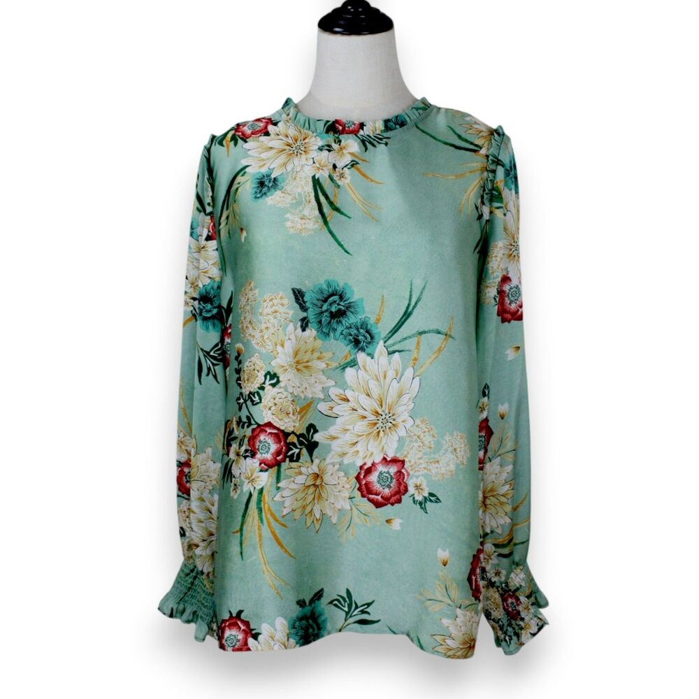 Violet + Claire Mint Floral Blouse Ruffle Neck Long Sleeve Cottagecore Boho L